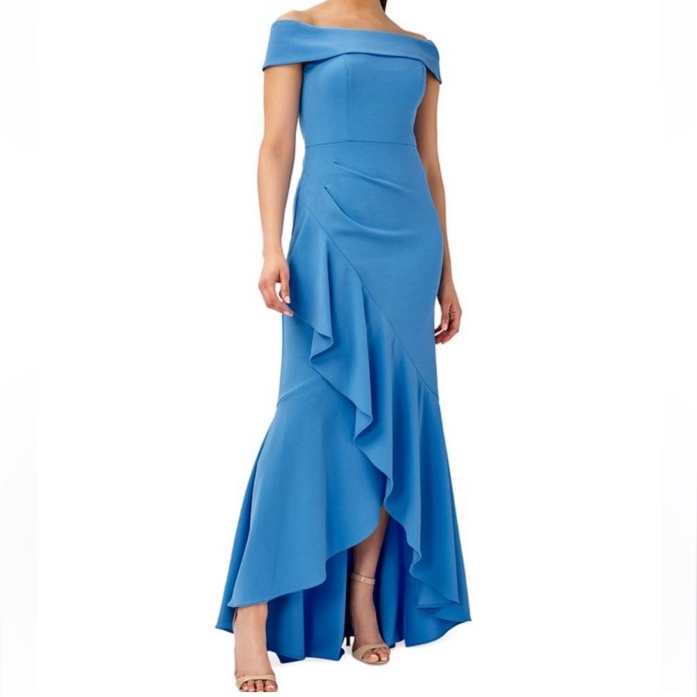 Adrianna Papell Blue Crepe Ruffle Off The Shoulder Dress